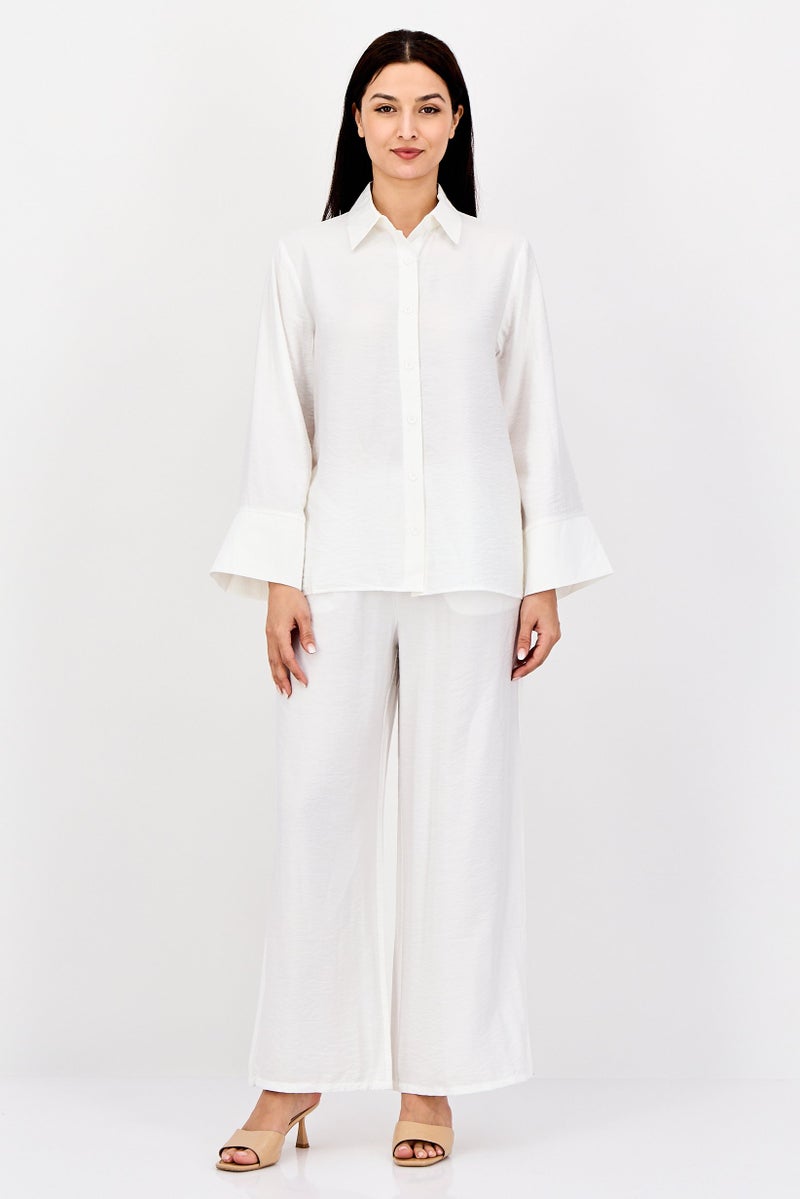 bebe Women 2 Pieces Plain Long Shirt And Palazzo Pants Set, White - Image 1